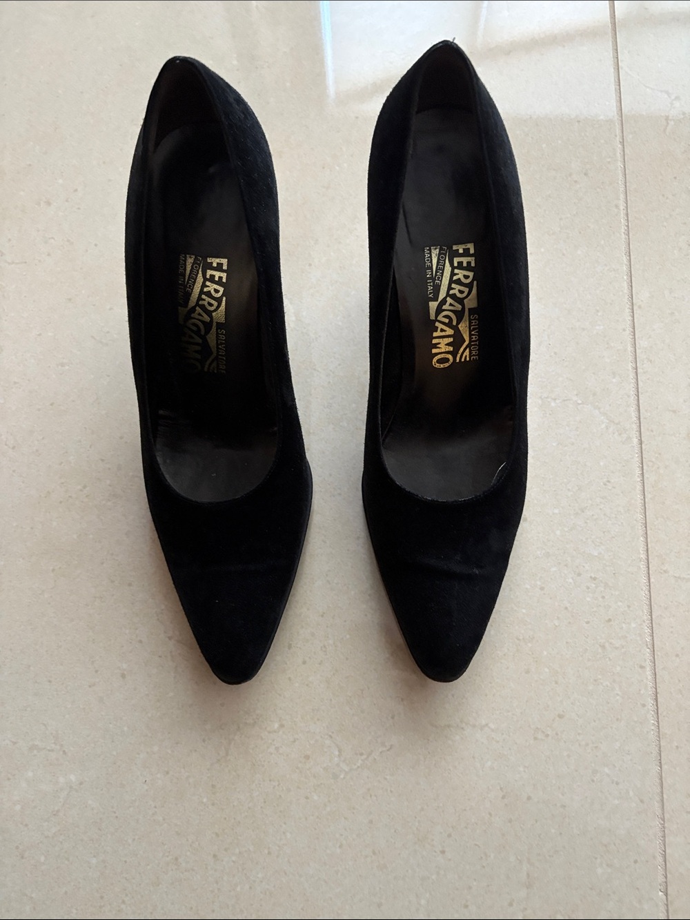 Salvatore Ferragamo Black Suede Almond Toe Pumps Size 8.5. Excellent condition.